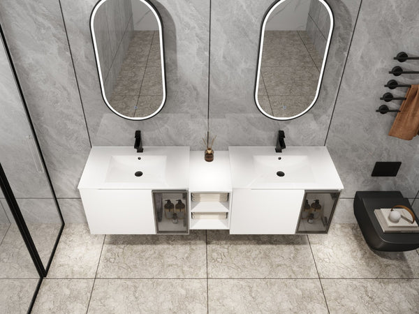 English Elm 72" Floating Double Bathroom Vanity Plywood Cabinet Ceramic Sinks Soft Close Doors W999S00533