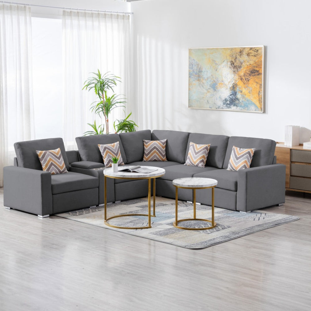 English Elm Nereo Six Piece Linen Sectional Sofa with Charging Console Storage and Reversible Layout B2749S00129