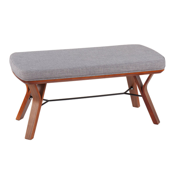 English Elm Folia Mid-Century Modern Bench in Walnut Wood with Plush Upholstered Seat — Stylish Entryway Accent Grey B202S01154