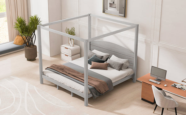 English Elm King Canopy Platform Bed with Headboard and Support Legs — Modern Pine Wood Frame, Sturdy 650lb Capacity Grey WF309291AAE