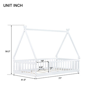 English Elm Twin Teepee Floor Bed With Guardrails - Cozy, Modern Design For Safe Independent Sleep Space W504P345776-GIGA