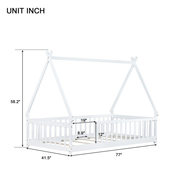 English Elm Twin Teepee Floor Bed With Guardrails - Cozy, Modern Design For Safe Independent Sleep Space W504P345776-GIGA