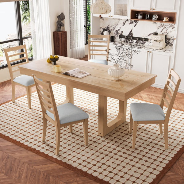 English Elm 5-piece Farmhouse Dining Set Oak Veneer Butterfly Leaf Table Four Upholstered Chairs Natural N752S109000N