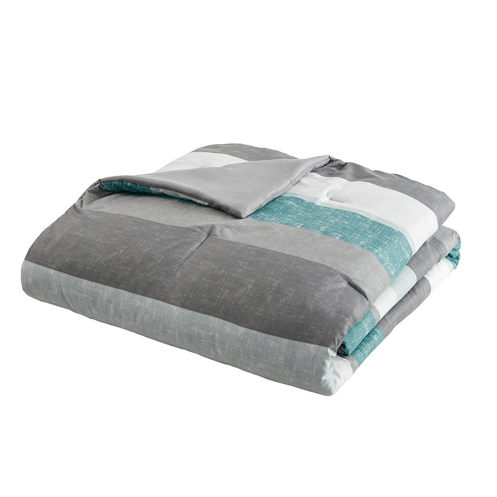 JLA Home Madison Park Essentials - Stripe Comforter Set with Coordinated Sheets, OEKO-TEX Antimicrobial Comforter, Machine Washable, Fits Up to 14" Mattress Aqua/Grey MPE10-1033
