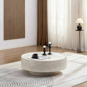 English Elm Round Fiberglass Coffee Table Sculptural Minimalist Design for Modern Living Rooms W2085P374193