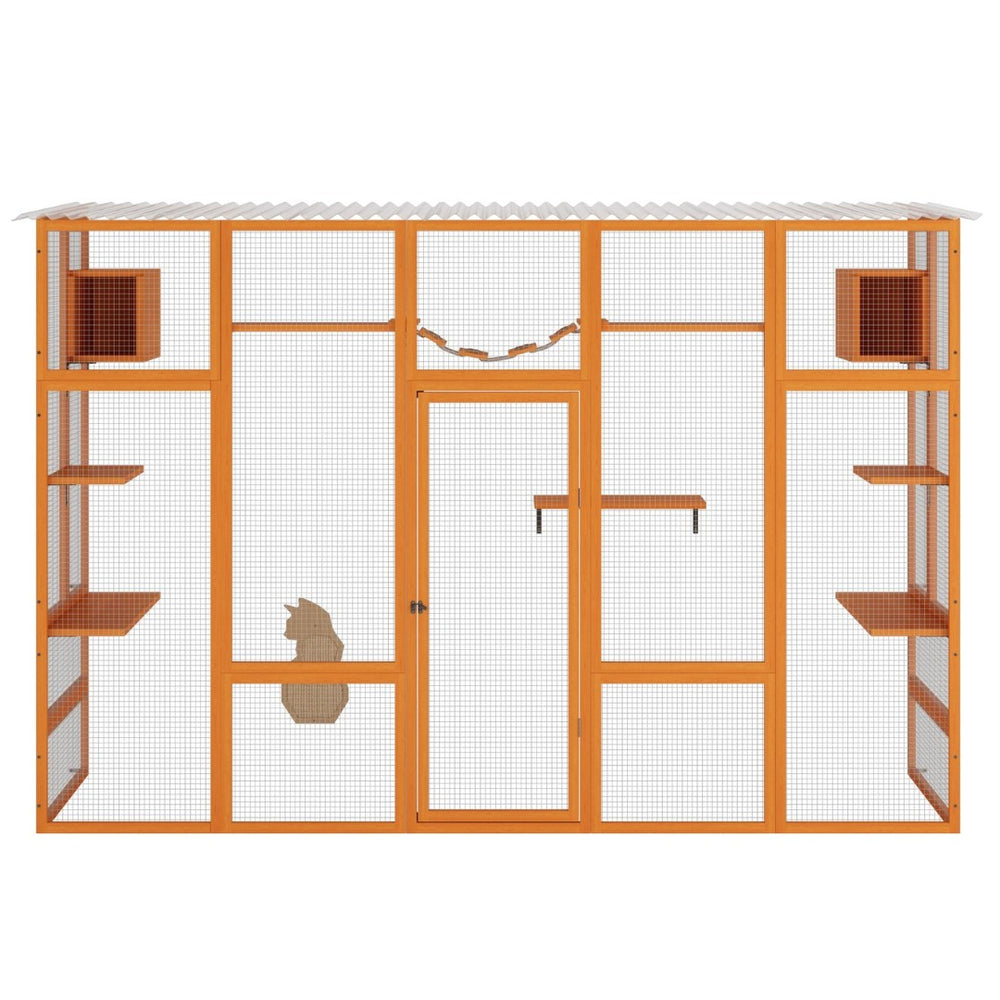 English Elm Wooden Pine Cat Enclosure with Six Platforms Two Condos Bridge and Scratching Post W2181P198547