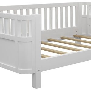 English Elm Twin Low Profile Pine Wood Kids Bed with Safety Rails and Fence Style Headboard W2593P367041