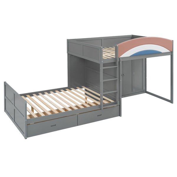 English Elm Full Size Offset Bunk Bed with Wardrobe Hanging Rod Drawers and Upholstered Rail Gray N820S00081E