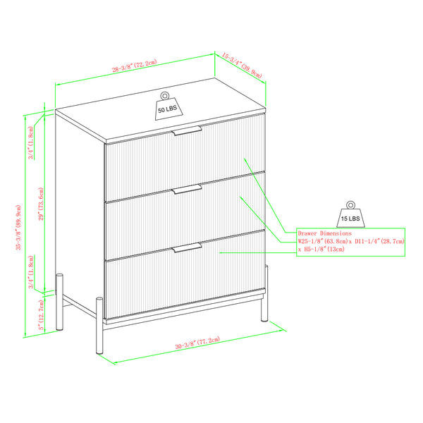 English Elm Walker Edison - Mid-Century 3-Drawer Chest in Mocha Coffee Finish — Reeded Fronts, MDF Durability, Metal Glides, Tab Pulls B185P169066
