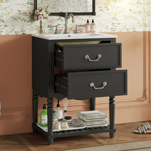 English Elm 24'' Vintage Bathroom Vanity with Ceramic Sink Soft Close Drawers Open Shelf Black N710P411237B
