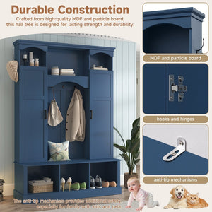English Elm On-trend Farmhouse Hall Tree with Dual Cabinets Seven Hooks and Arched Entryway Storage Blue N721S000078C