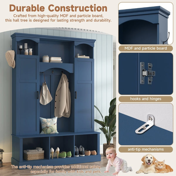 English Elm On-trend Farmhouse Hall Tree with Dual Cabinets Seven Hooks and Arched Entryway Storage Blue N721S000078C