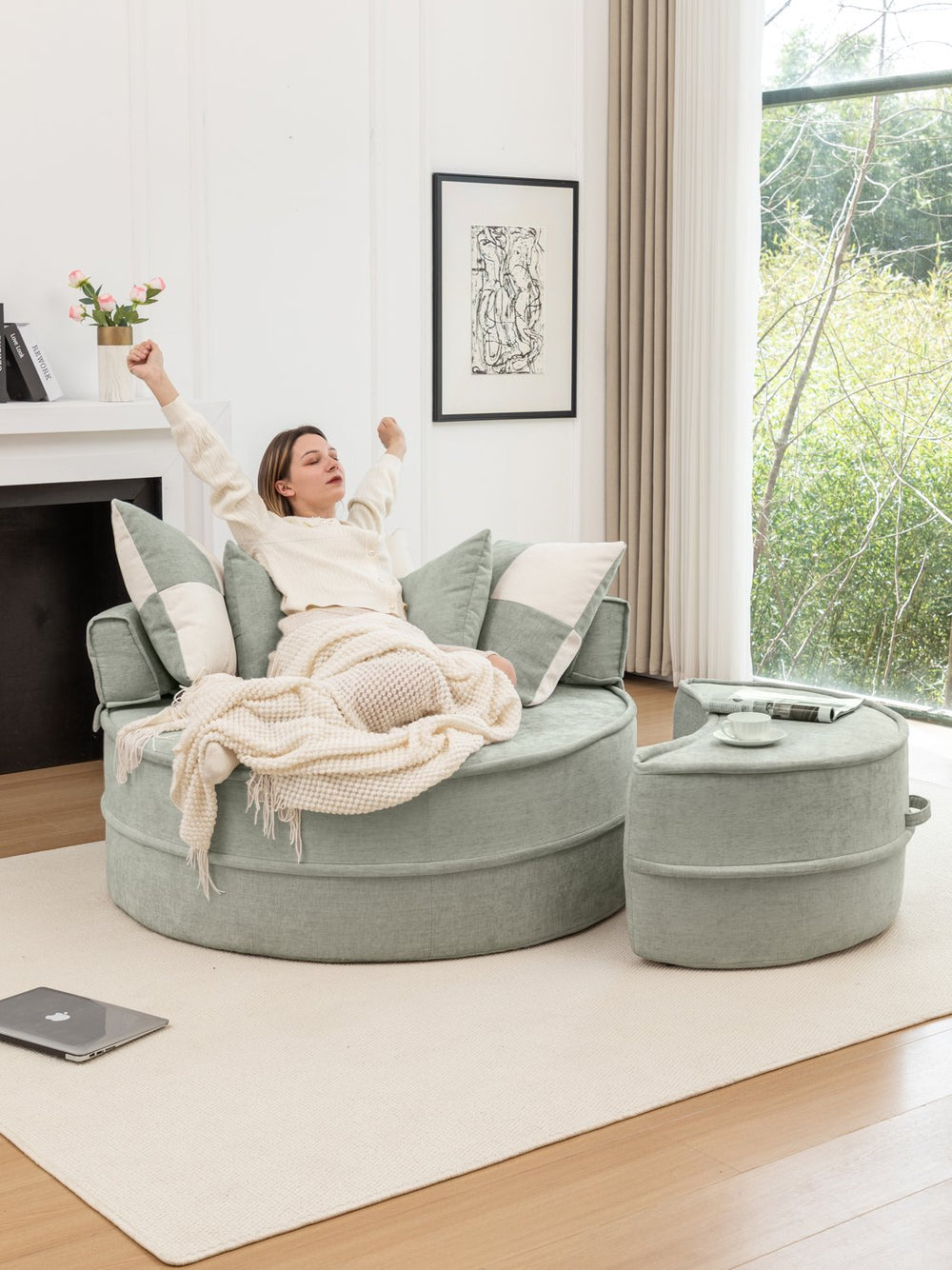 English Elm Oversized Round Accent Barrel Chair with Ottoman, Cloud-Like Chenille Comfort, No-Sag Support, Extra-Spacious Seating Green W1170P283148