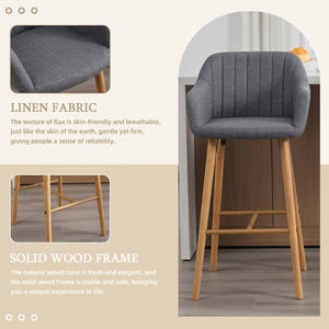 English Elm Modern Linen Upholstered Barstools with Oak Legs Armrests and Footrest for Kitchen Islands Gray W395P396316