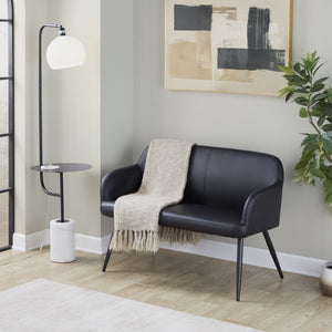 English Elm High Back Faux Leather Two Seat Bench with Matte Steel Frame for Entryway or Bedroom B202P471365
