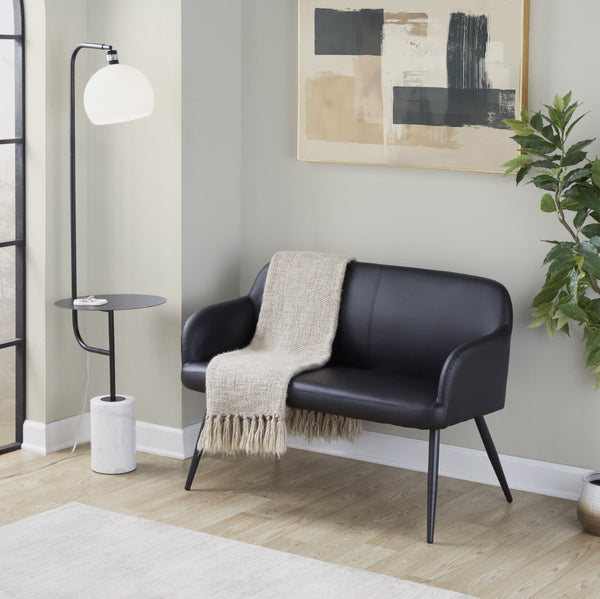 English Elm High Back Faux Leather Two Seat Bench with Matte Steel Frame for Entryway or Bedroom B202P471365