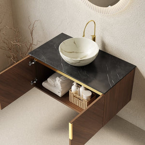 English Elm Dina Floating Bathroom Vanity Sintered Stone Top Glass Basin Striped Plywood Cabinet W2615S00546