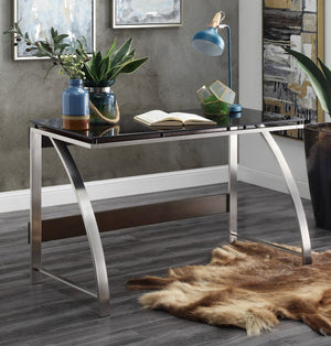English Elm Modern Tioga Glass Top Writing Desk with Brushed Chrome Geometric Legs, Black Floating Platform, Compact Home Office 48" x 23.5" x 29.5" B011P289736