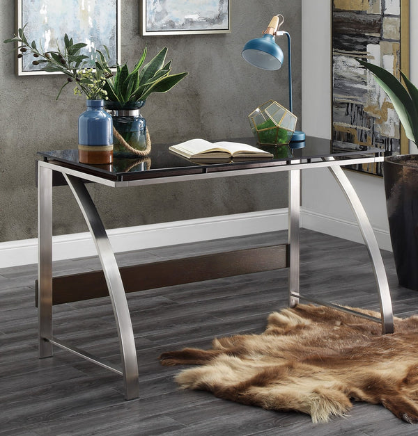 English Elm Modern Tioga Glass Top Writing Desk with Brushed Chrome Geometric Legs, Black Floating Platform, Compact Home Office 48" x 23.5" x 29.5" B011P289736