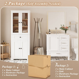 English Elm 67.57" Tall Matte Cabinet Vanity Combo with Glass Doors Soft-close Drawers Sink White N729P000033K