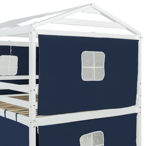 English Elm Full Size Kids Playhouse Bunk Bed Pinewood Frame with Tent Roof and Window Cutouts Blue LT000380AAC-1