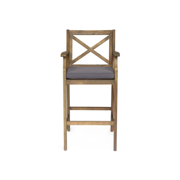 English Elm Christopher Knight Home® - PERLA Acacia Wood Outdoor Barstool Set of 2 with Water-Resistant Cushions, Cross-Back Farmhouse Charm Grey 63748.00GGRY
