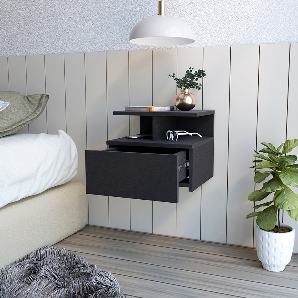 English Elm Floating Nightstand Flopini wall-mounted bedside shelf with drawer, space-saving modern durable design Black B092123117