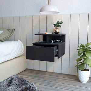 English Elm Floating Nightstand Flopini wall-mounted bedside shelf with drawer, space-saving modern durable design Black B092123117