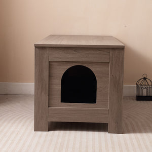 English Elm Cat Litter Box Enclosure with Barn Door Hidden Litter Box Furniture End Table Dual Cabinet Storage Greige W3008P235407