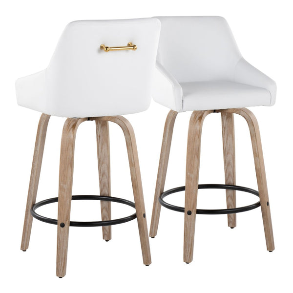 English Elm 26" Swivel Counter Stools Set of 2 Faux Leather Gold Accents Whitewashed Wood B202S01836