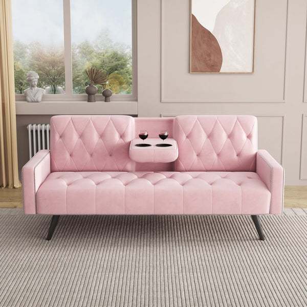 English Elm 1730 Pink Velvet Sofa Bed with Nailhead Trim, 72" Convertible Sleeper for Small Spaces, 2-Seater W3371P302290