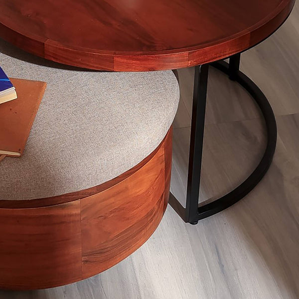 English Elm Wooden Acacia Coffee Table with Metal Stand & Detachable Nesting Ottoman, Storage Shelf, Brown B346P369785