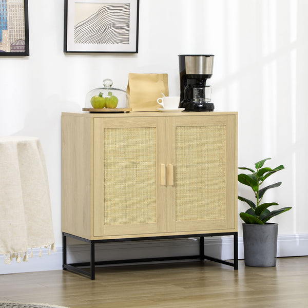 English Elm HOMCOM Boho Accent Cabinet with Rattan Doors, Adjustable Shelf, Anti-Tip Metal Base Sideboard Natural W2225P217398