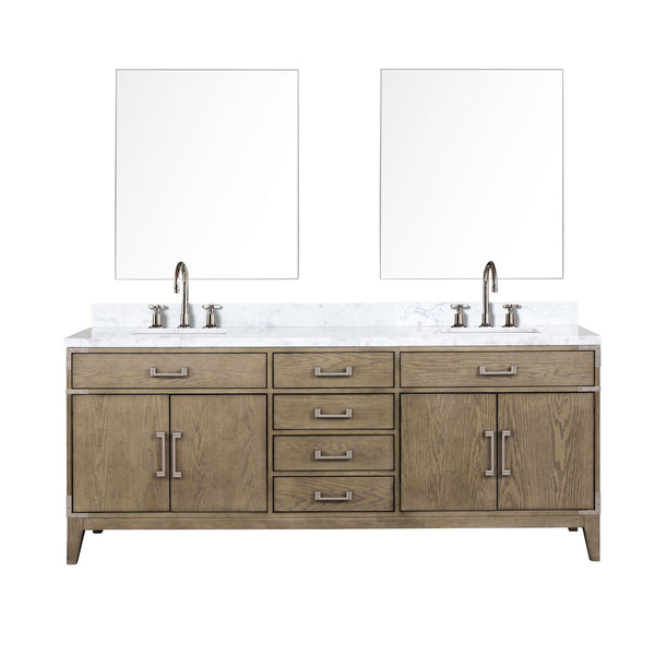 English Elm Grey Oak Double Bath Vanity Set With Carrara Marble Top, Chrome Faucets & 36" Mirrors - 80" Wide B2731S01875