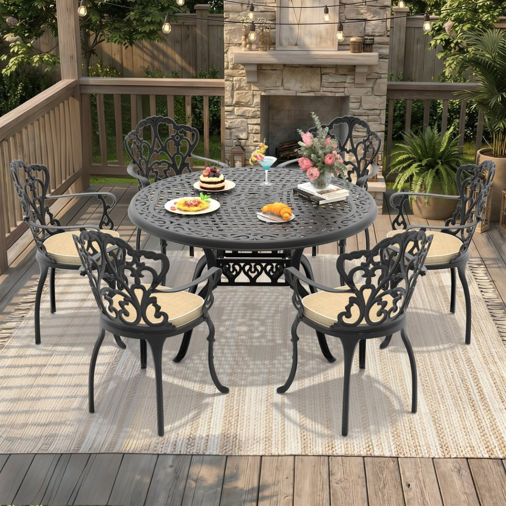 English Elm 7-piece Cast Aluminum Outdoor Dining Set Ornate Floral Carved Patio Furniture W1710S00555