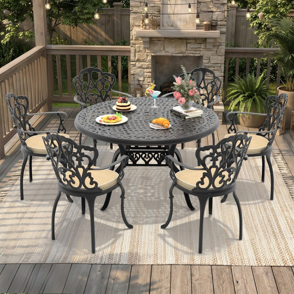 English Elm 7-piece Cast Aluminum Outdoor Dining Set Ornate Floral Carved Patio Furniture W1710S00555
