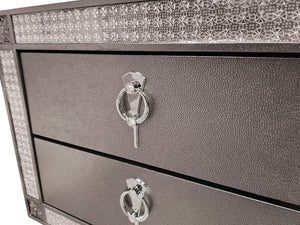English Elm Glam Two Drawer Nightstand with Acrylic Trim Nickel Pulls and Tapered Legs in Gray B2741P435898