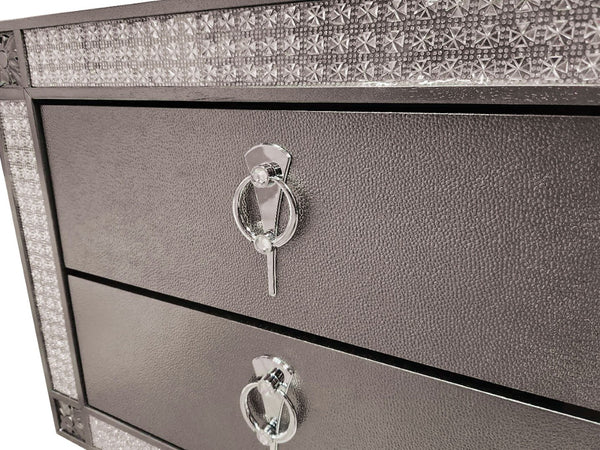 English Elm Glam Two Drawer Nightstand with Acrylic Trim Nickel Pulls and Tapered Legs in Gray B2741P435898