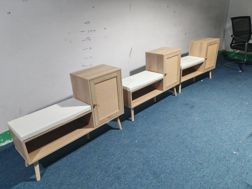 English Elm 2-in-1 Natural Rattan Shoe Storage Bench with 3-Tier Cabinet, Removable Washable Cushion, Durable Entryway Organizer W808P212813