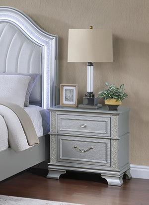 English Elm Elegance Gray Glitter Nightstand with Crystal Knob & 2 Drawers – Modern Storage Accent 26x17x26" B011P308559