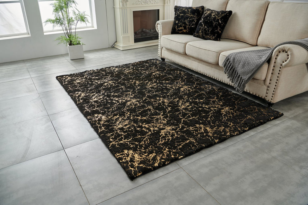 English Elm Luxury Black And Gold-Gilded Chinchilla Faux Fur Area Rug - Machine Washable, Plush Comfort & Style B030P233679
