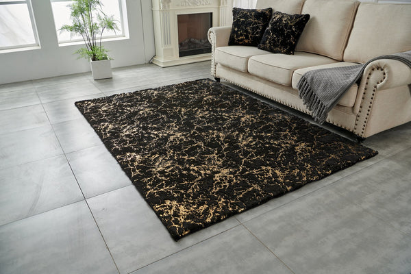 English Elm Luxury Black And Gold-Gilded Chinchilla Faux Fur Area Rug - Machine Washable, Plush Comfort & Style B030P233679