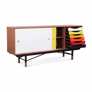 English Elm Finn Juhl Mid-century Walnut Veneer Sideboard with Sleek Steel Legs Dining Storage Orange,White B353S00014