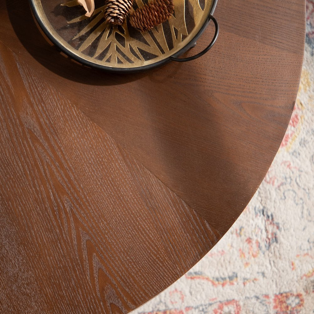 English Elm 38.97" Round Coffee Table Rustic Walnut & Black Solid Wood Pedestal, No Assembly, Durable Elegance W3081P357842
