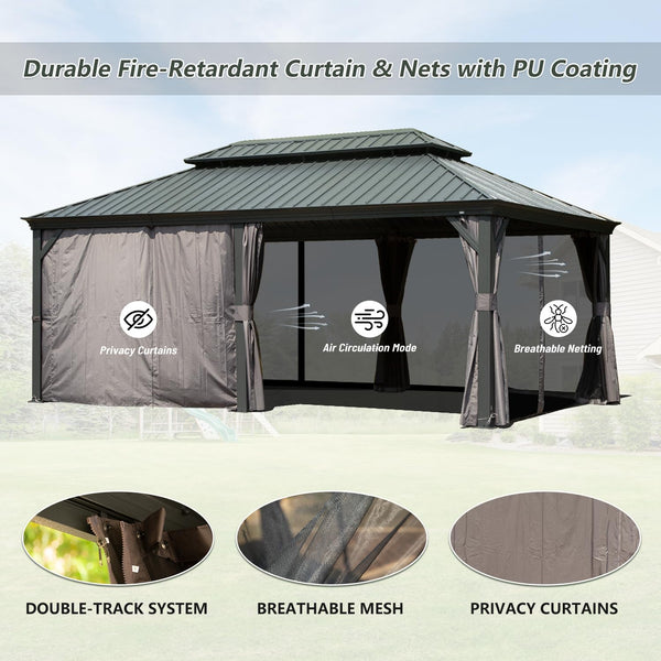 English Elm 12' X 18' Hardtop Gazebo – Durable Metal Canopy With Steel Roof, Curtains, Netting For Year-Round Comfort W1859S00162