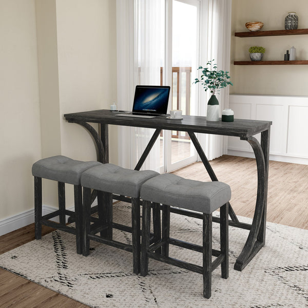 English Elm Bar Industrial Bar Table Set with Power Outlet and Upholstered Chairs, Space-Saving Dining Hub Grey+Black W487P333506