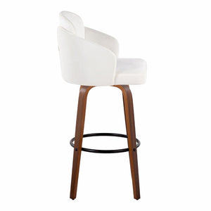 English Elm Fixed-height Mid-century Barstools with Walnut Legs and Grey Upholstered Seats Set Cream B202S01905