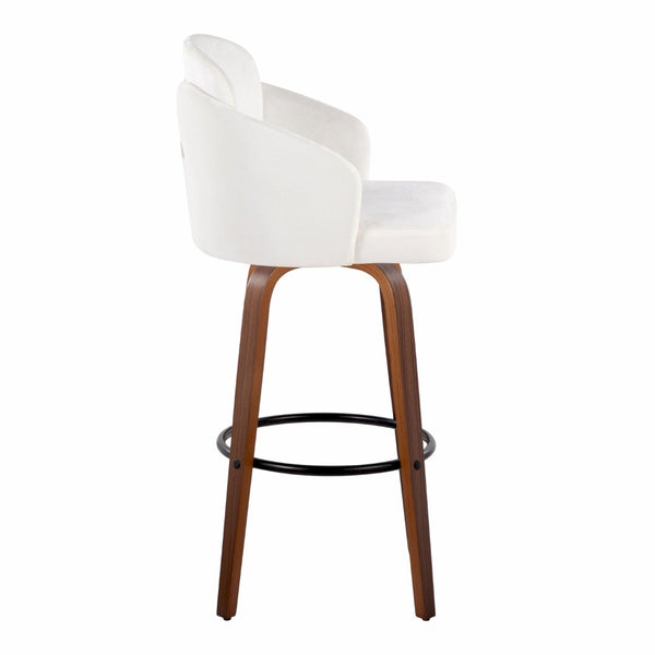 English Elm Fixed-height Mid-century Barstools with Walnut Legs and Grey Upholstered Seats Set Cream B202S01905