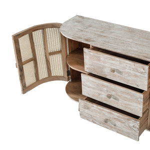 English Elm 57x16x33" TV Console with Cane Doors — Sandblast Mixed Materials, 3 Drawers & 2 Doors, Breezy Storage Solution W2078P179493