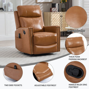 English Elm Orange Genuine Leather Massage Rocking Swivel Recliner with Lumbar Heat for Living Room W1803P323715